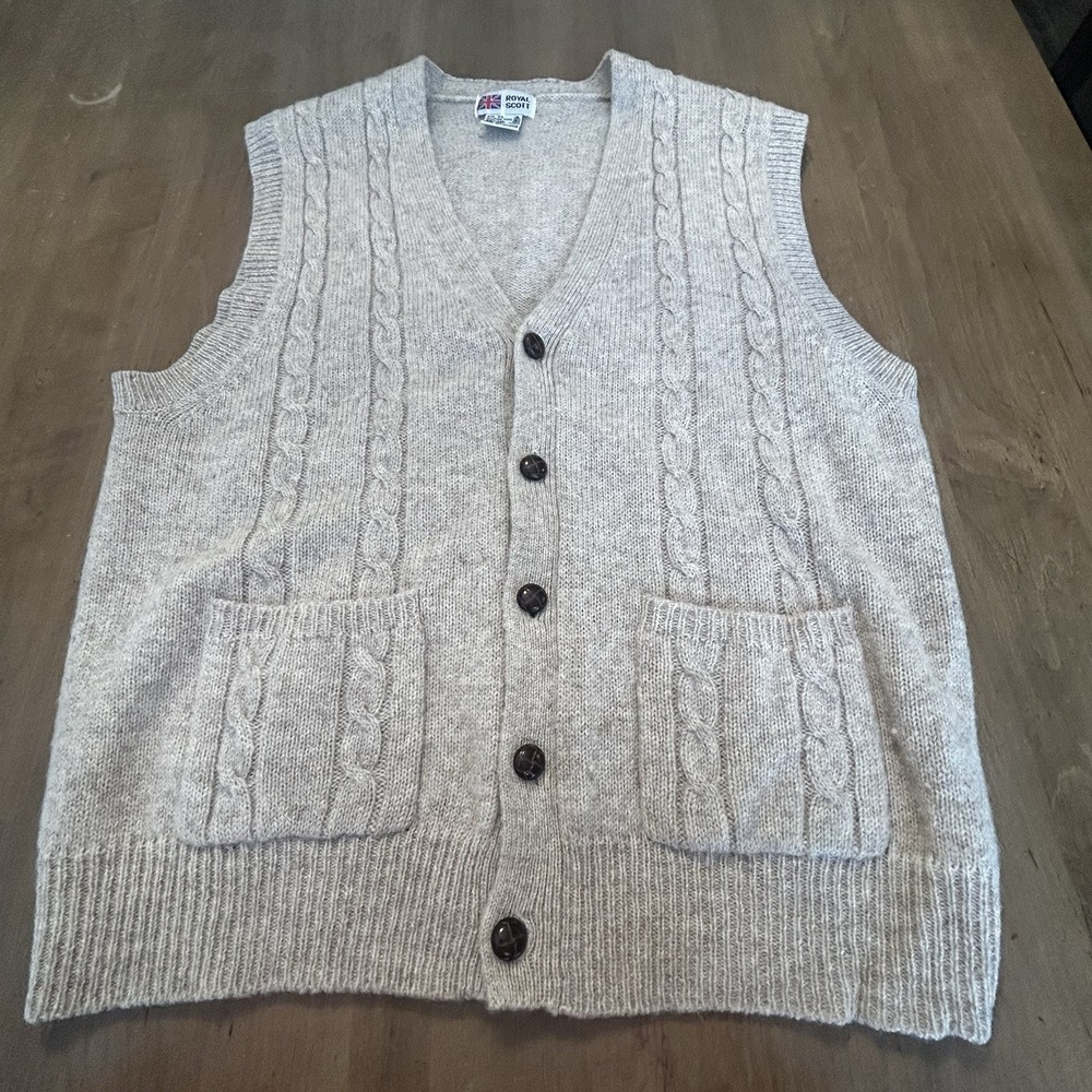 Vtg ROYAL SCOTT Mens Sweater Cardigan 100% Pure Shetland Wool Vest XL Grandpa